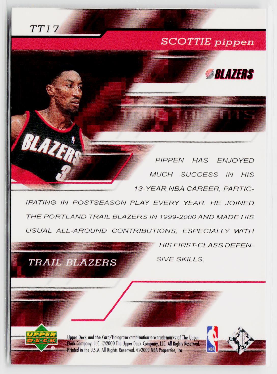 2000-01 Upper Deck #TT17 Scottie Pippen True Talents-2