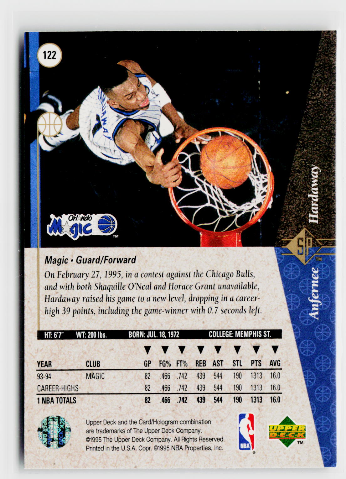 1994-95 SP #D122 Anfernee Hardaway Die Cut-2