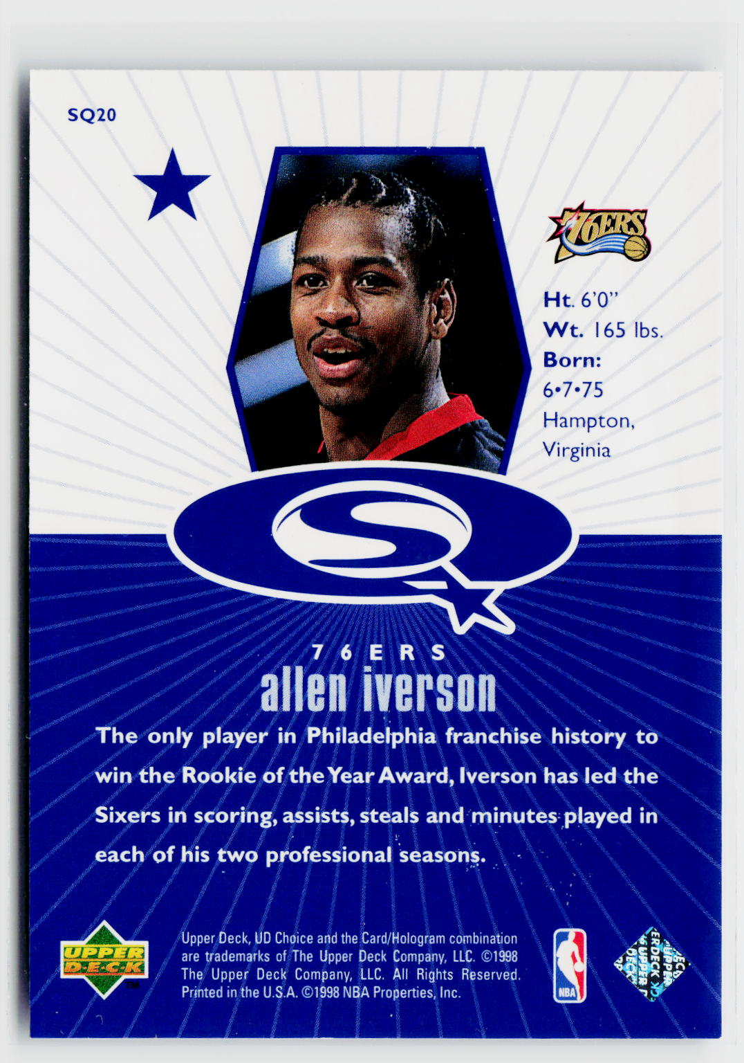 1998-99 UD Choice #SQ20 Allen Iverson StarQuest Blue-6