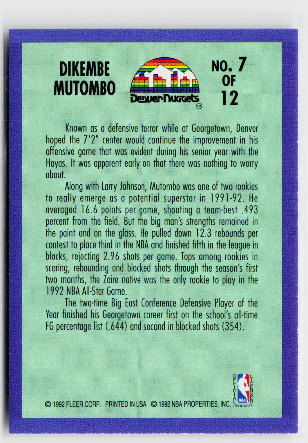 1992-93 Fleer #7 Dikembe Mutombo Rookie Sensations-2