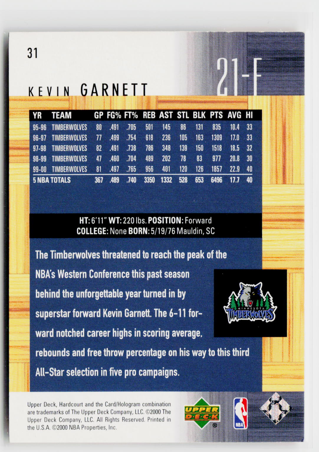 2000-01 Upper Deck Hardcourt #31 Kevin Garnett-2