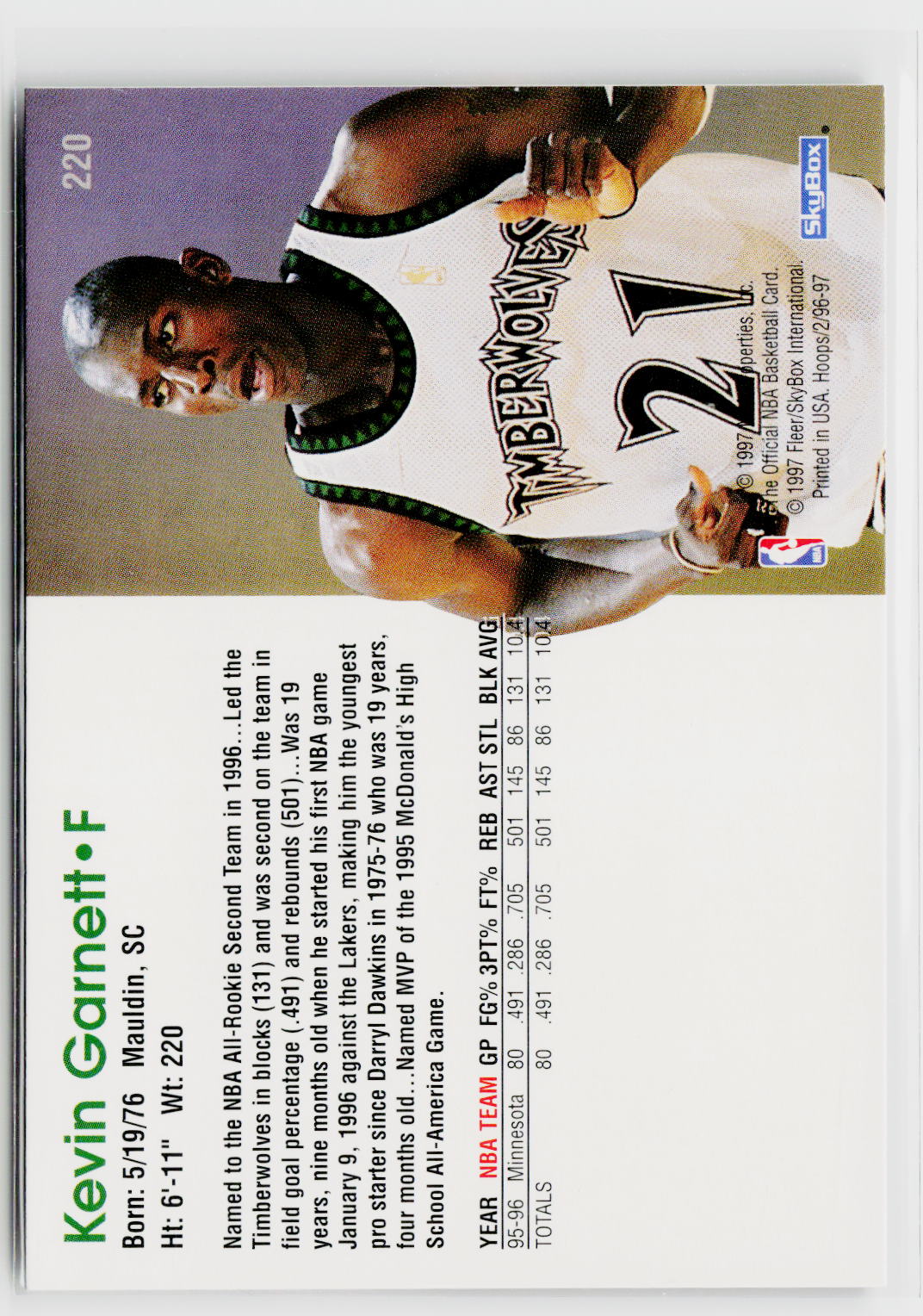 1996-97 Hoops #220 Kevin Garnett-2