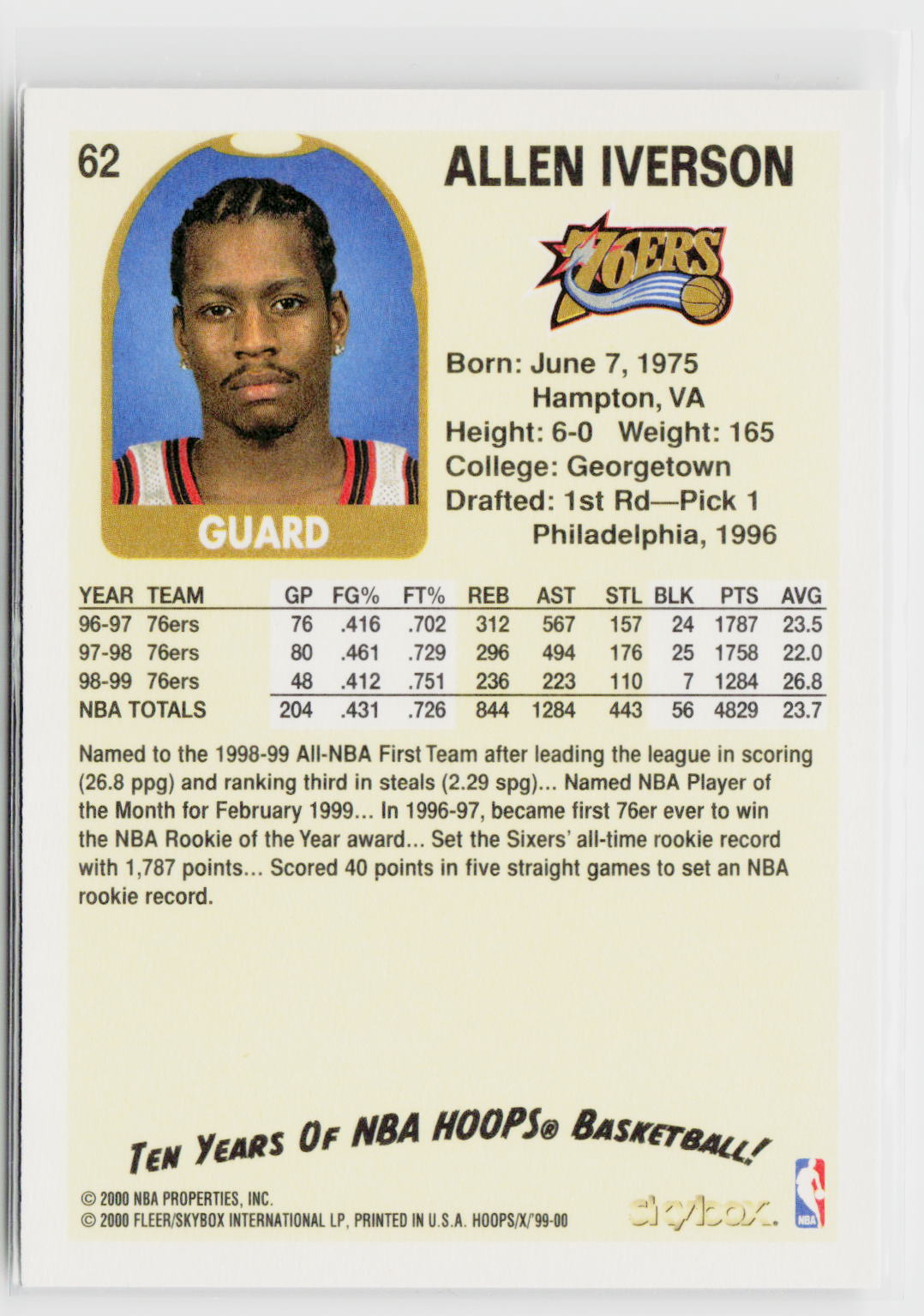 1999-00 Hoops Decade #62 Allen Iverson-2