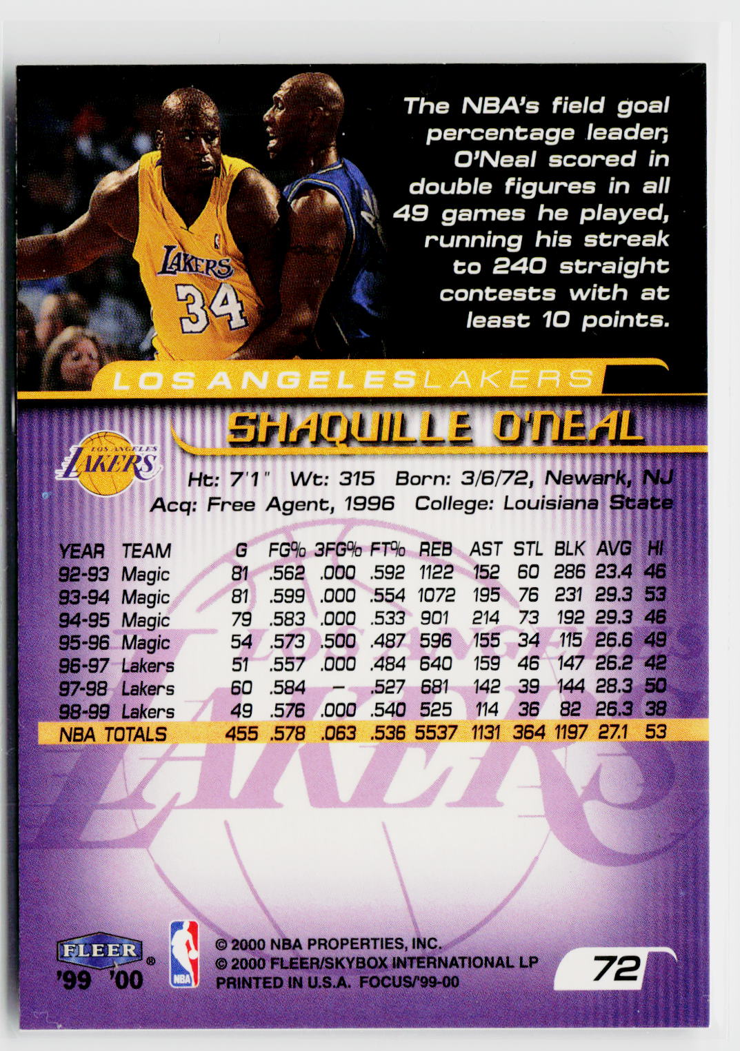 1999-00 Fleer Focus #72 Shaquille O'Neal-2