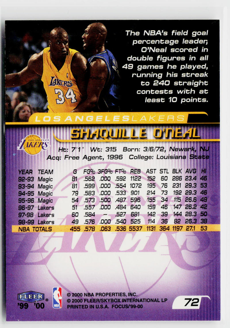 1999-00 Fleer Focus #72 Shaquille O'Neal-2