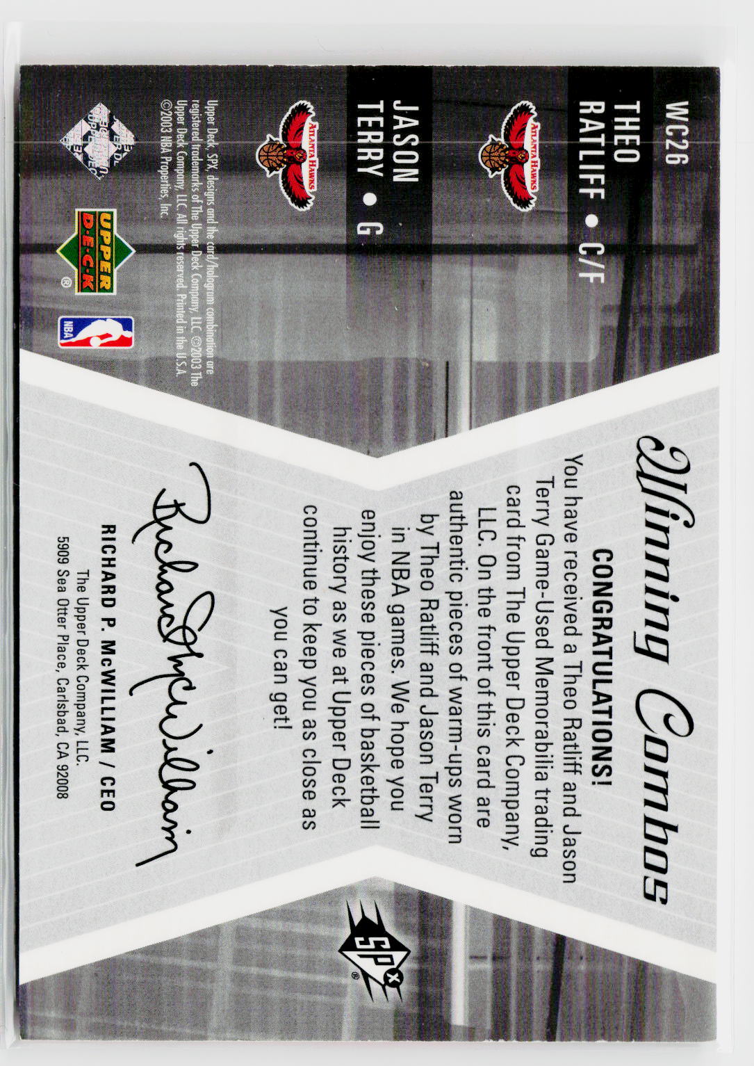2003-04 SPx #WC26 Theo Ratliff / Jason Terry Winning Materials Combos-2
