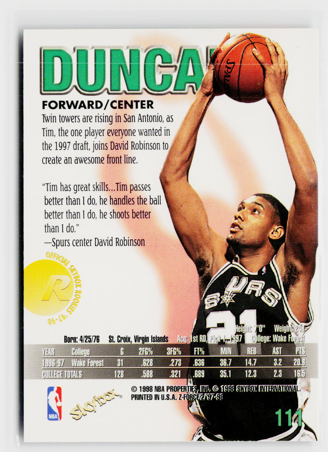 1997-98 SkyBox Z-Force #111 Tim Duncan-2