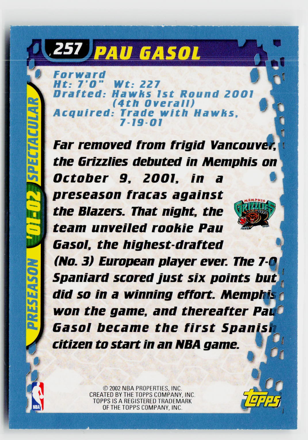 2001-02 Topps #257 Pau Gasol-2