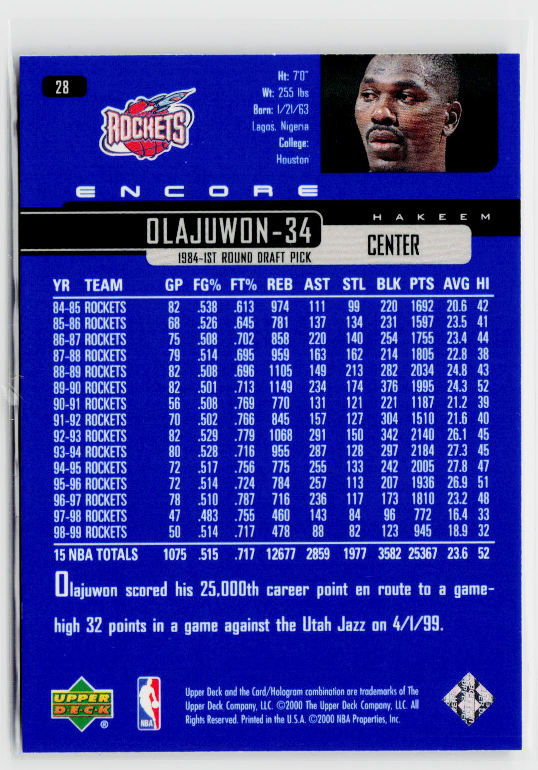 1999-00 Upper Deck #43 Hakeem Olajuwon-4