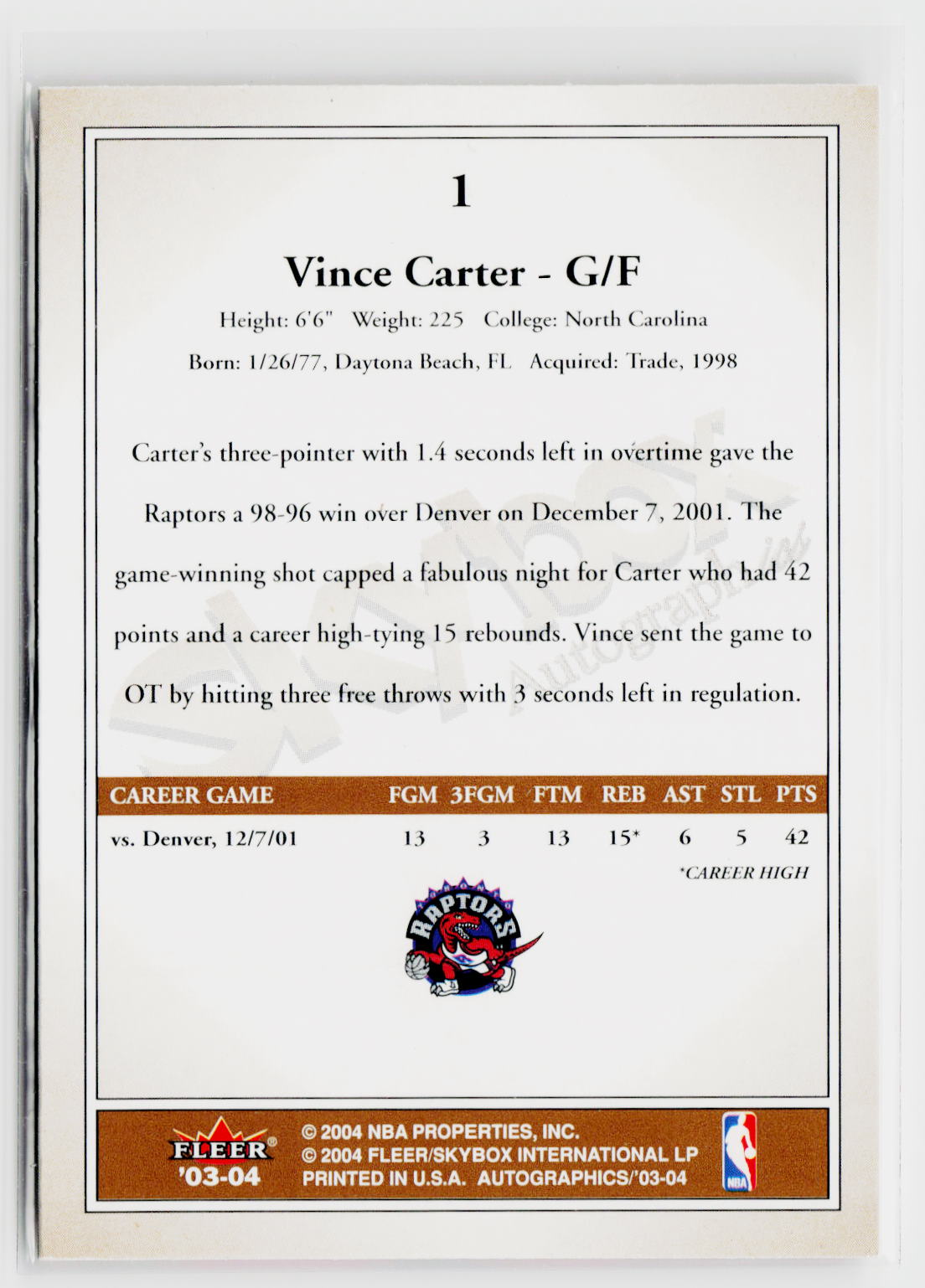 2003-04 SkyBox Autographics #1 Vince Carter-2