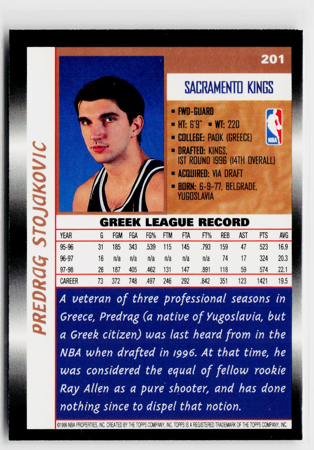1998-99 Topps #201 Predrag Stojakovic-2