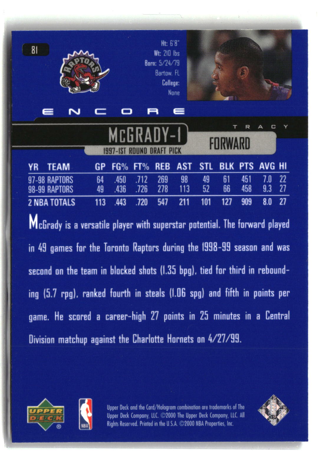 1999-00 Upper Deck Encore #81 Tracy McGrady-4