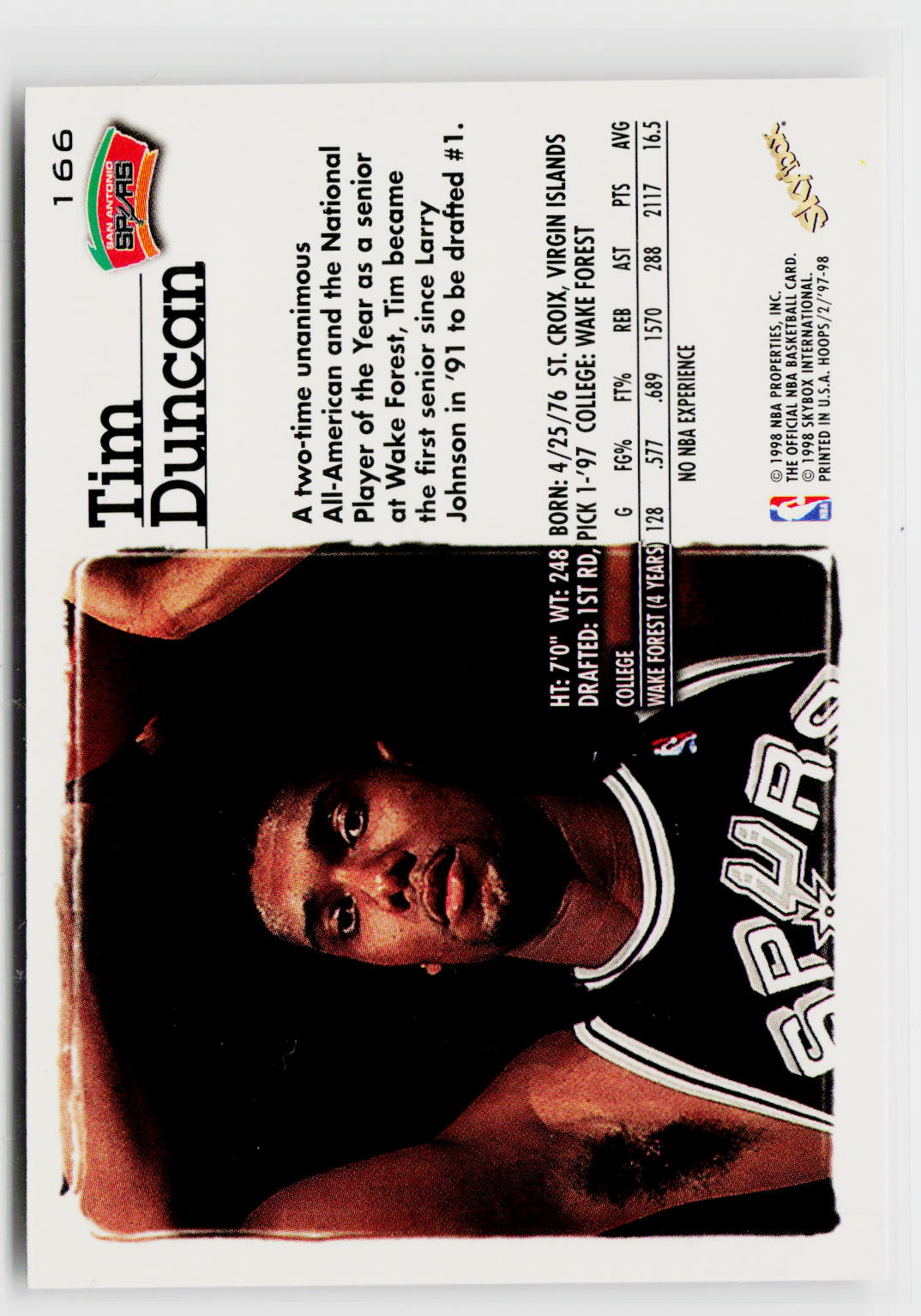 1997-98 Hoops #166 Tim Duncan-2