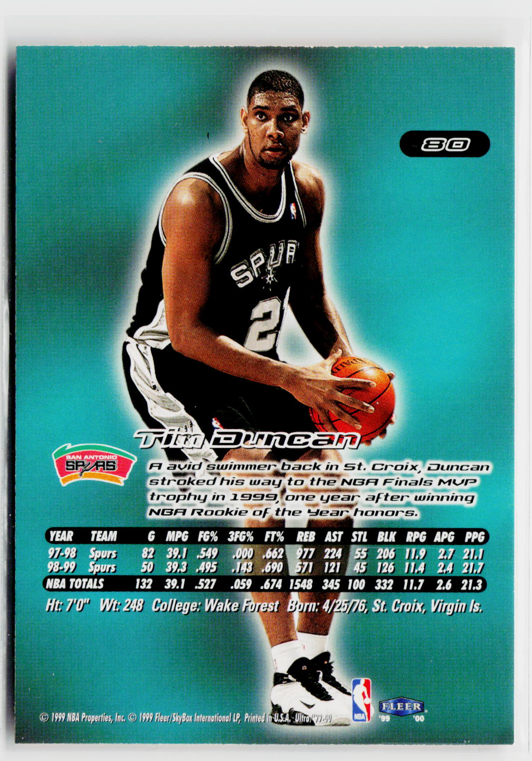 1999-00 Ultra #80 Tim Duncan-2