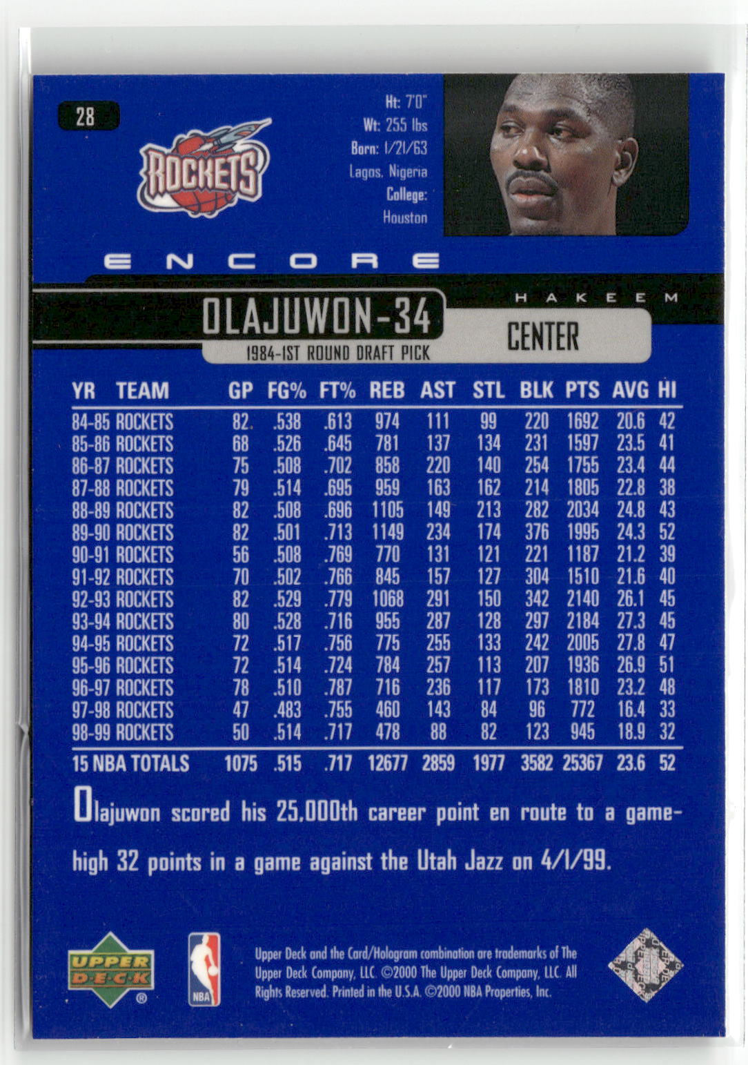 1999-00 Upper Deck Encore #28 Hakeem Olajuwon-2