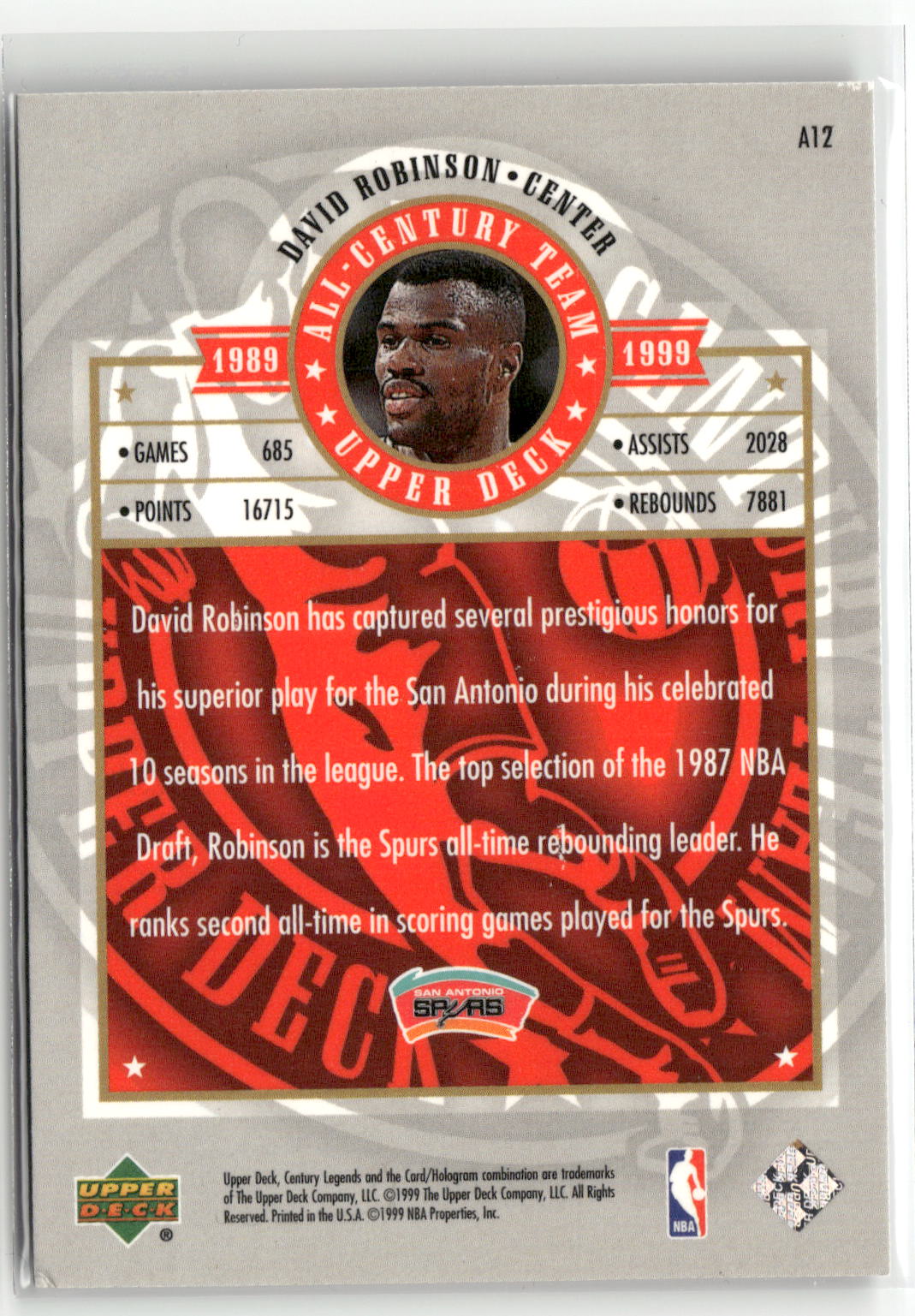 1998-99 Upper Deck Century Legends #A12 David Robinson All-Century Team-2