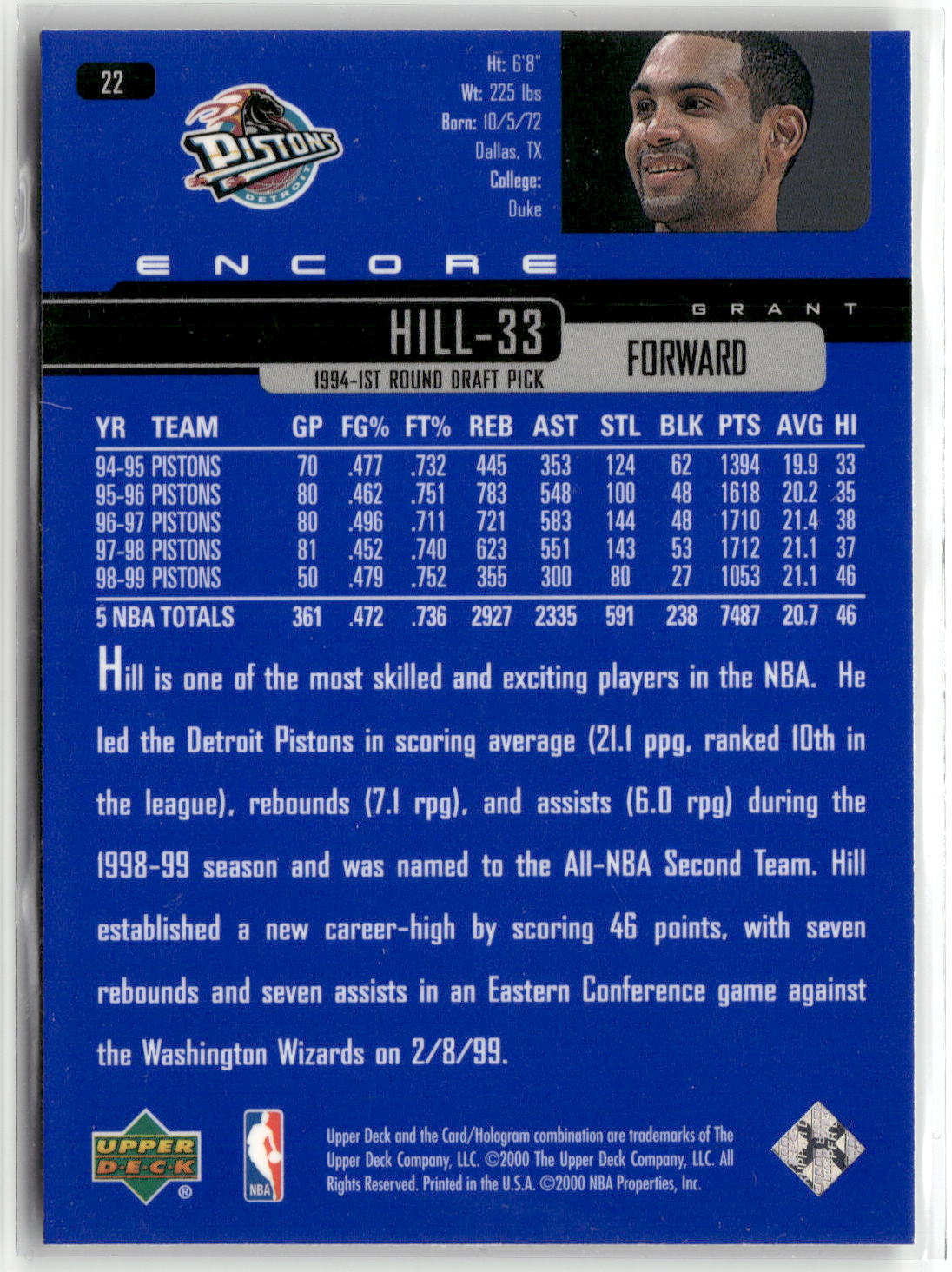 1999-00 Upper Deck Encore #22 Grant Hill-6