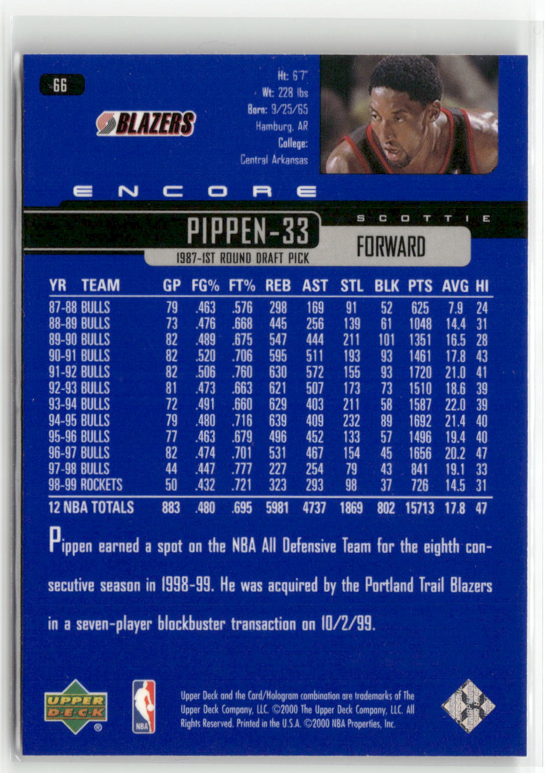 1999-00 Upper Deck Encore #66 Scottie Pippen-2