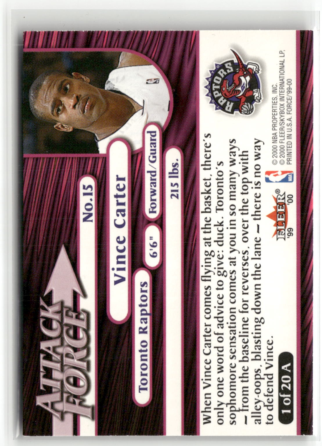 1999-00 Fleer Force #1 A Vince Carter Attack Force-3