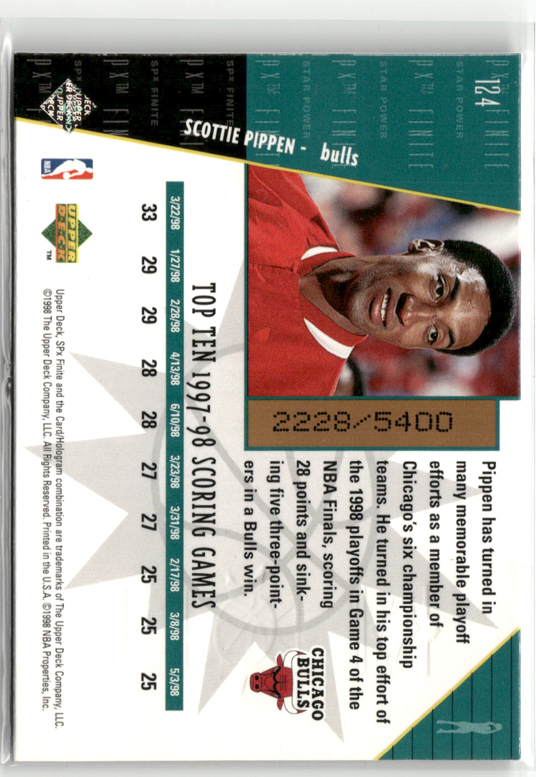 1998-99 SPx Finite #124 Scottie Pippen Radiance #/2700-2
