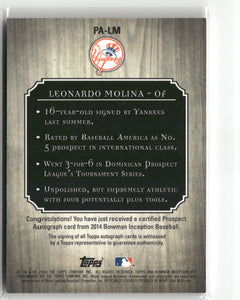2014 Bowman Inception #PA-LM Leonardo Molina-2