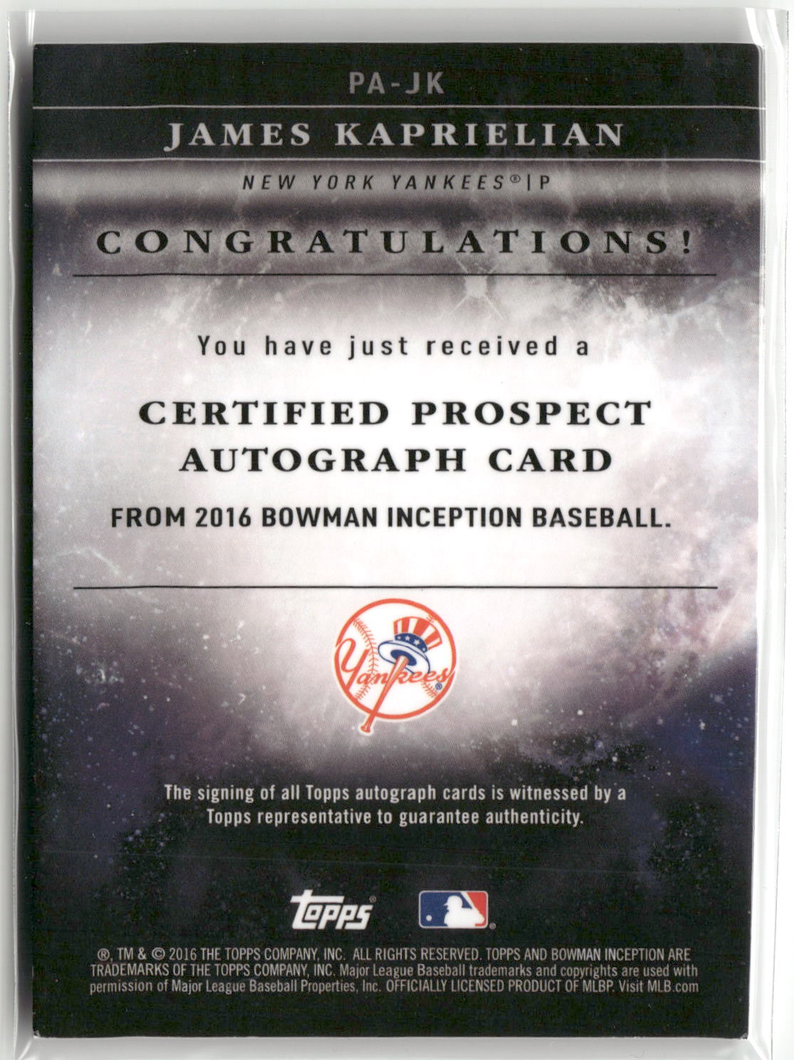 2016 Bowman Inception - Prospect Autographs Green #PA-JK James Kaprielian #/50-4