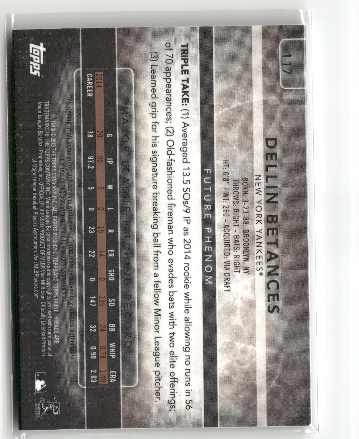 2015 Topps Triple Threads #117 Dellin Betances Auto Relic Sepia #/75-2
