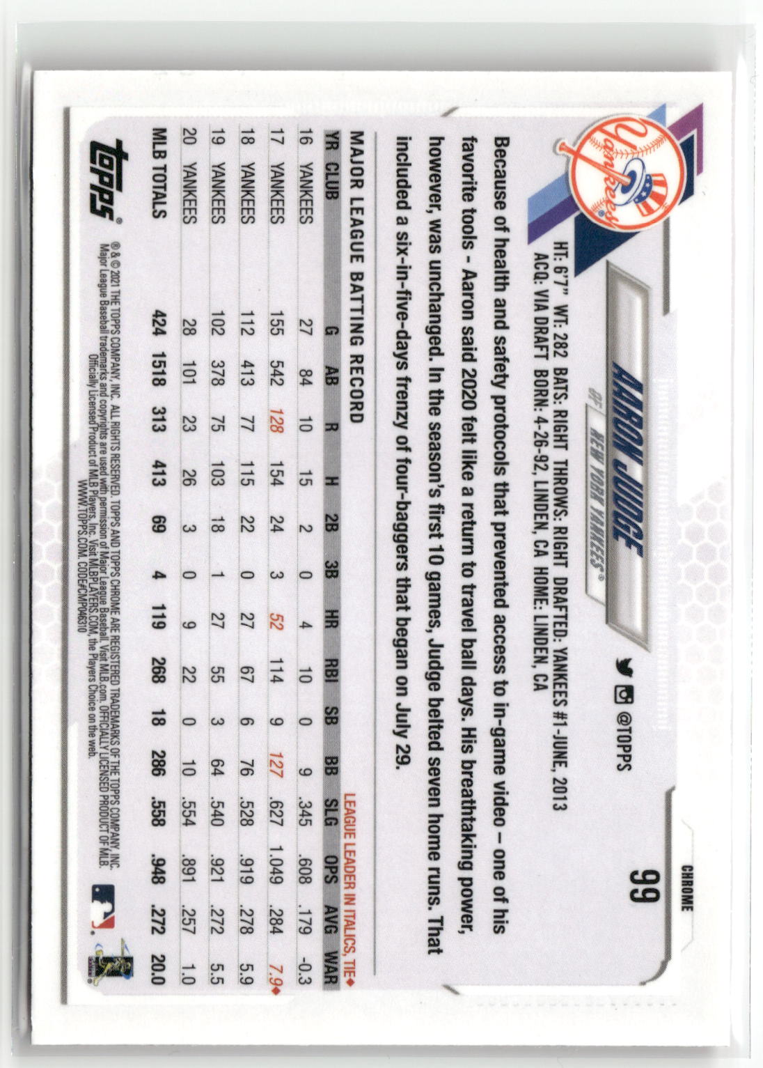2021 Topps Chrome #99 Aaron Judge Pink Refractor-2