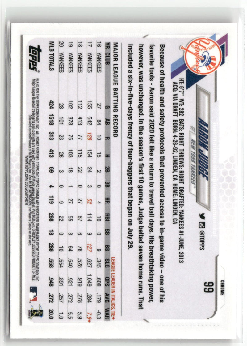 2021 Topps Chrome #99 Aaron Judge Pink Refractor-2