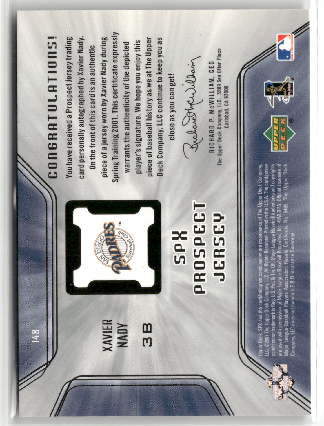 2001 SPx #148 Xavier Nady-2