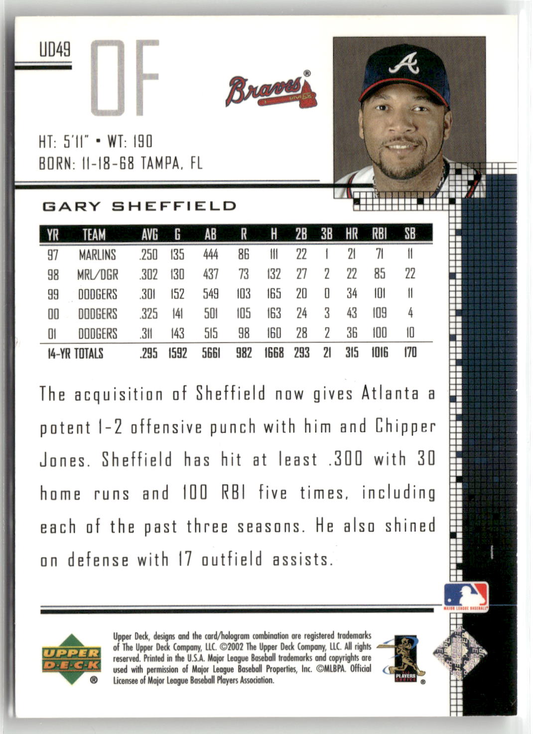2002 Upper Deck #UD49 Gary Sheffield UD Plus Hobby #/1125-2