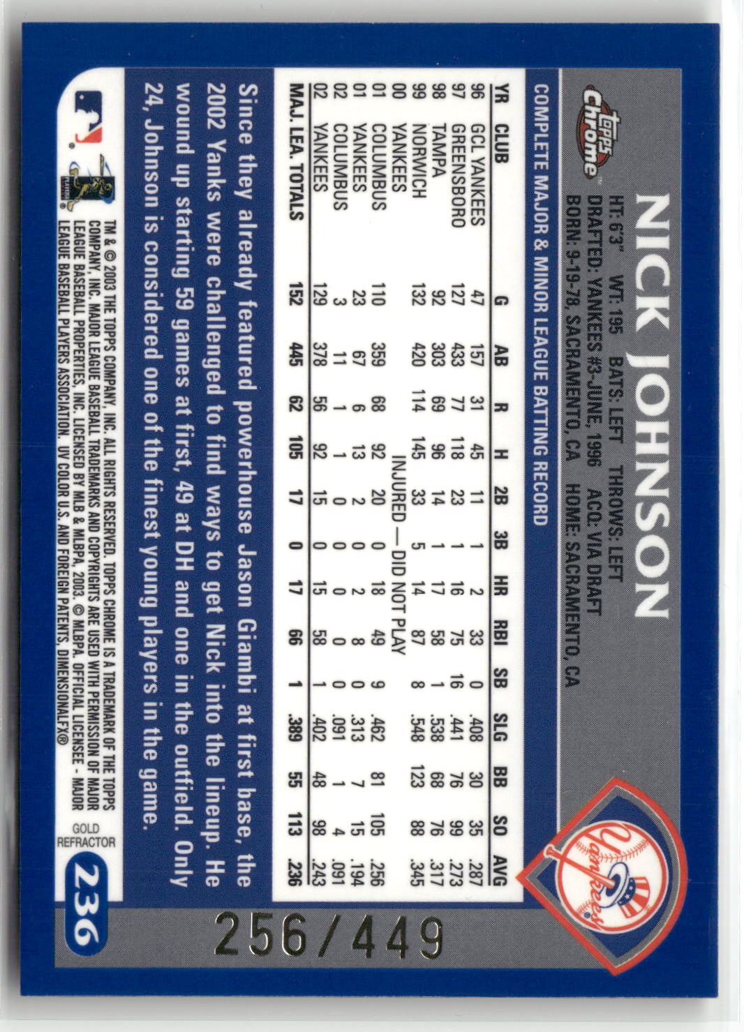 2003 Topps Chrome #236 Nick Johnson Gold Refractors #/449-2