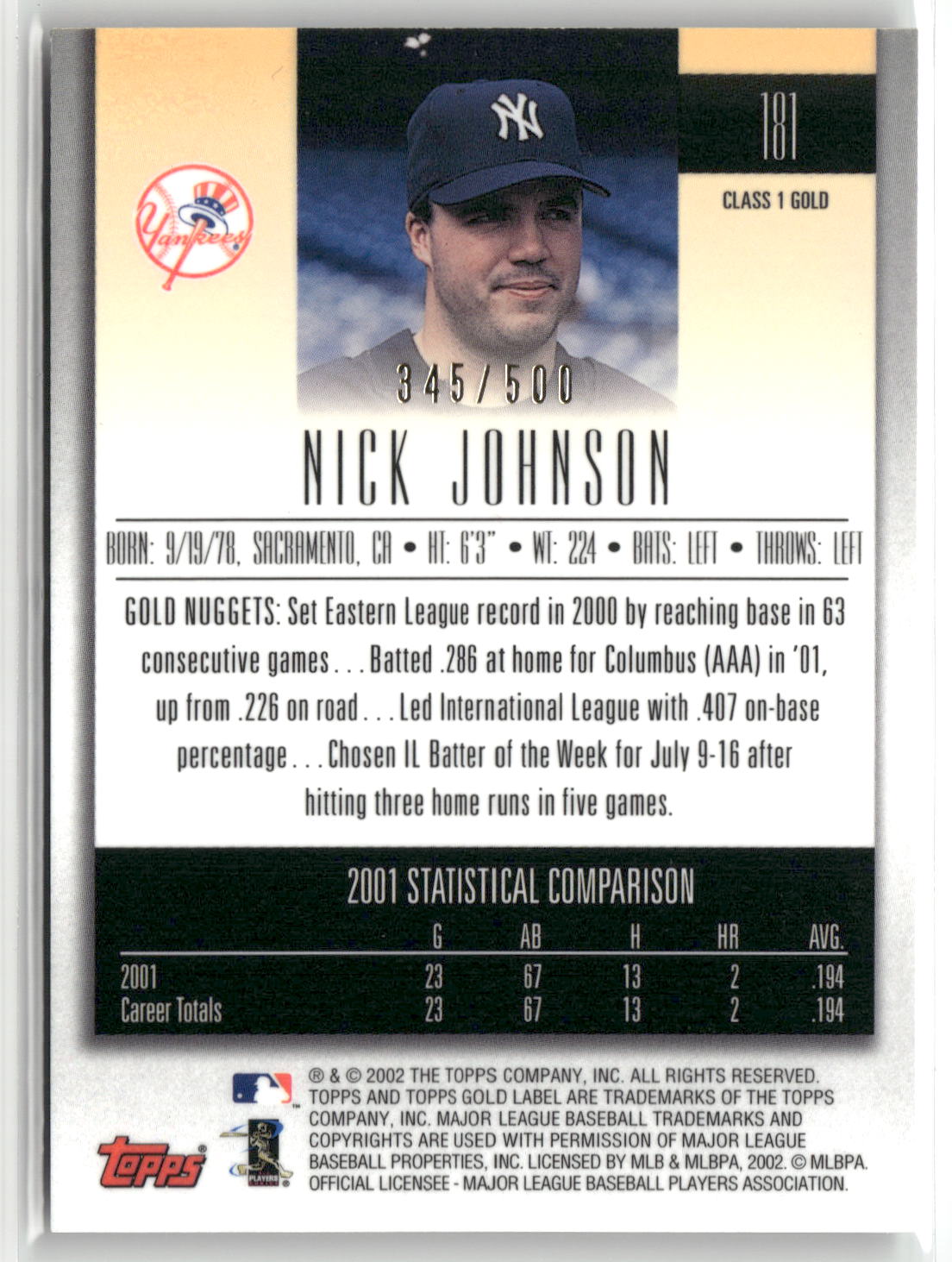 2002 Topps Gold Label #181 Nick Johnson Class 1 Gold #/500-2