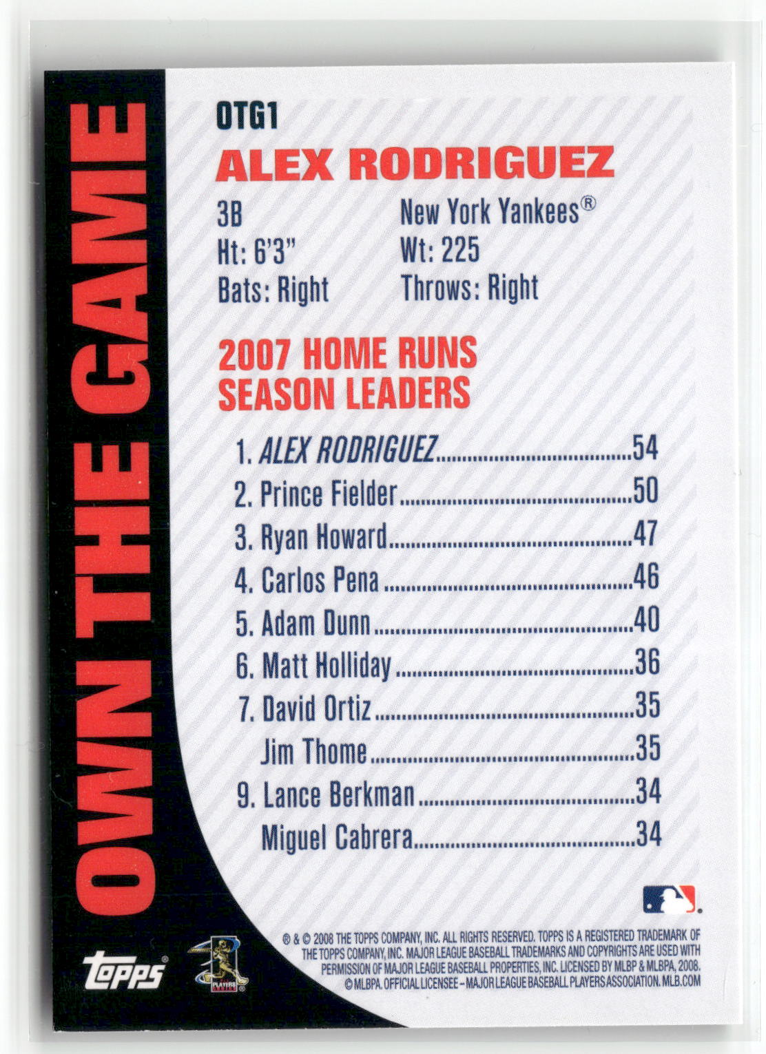 2008 Topps #OTG1 Alex Rodriguez Own the Game-2