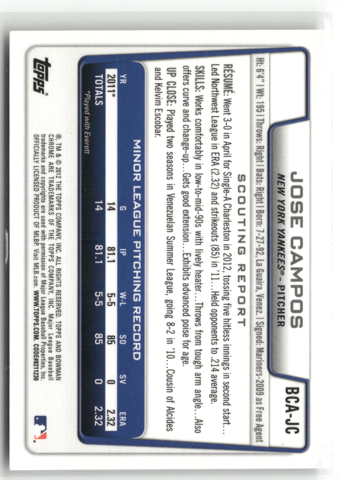 2012 Bowman Chrome #BCA-JC Jose Campos Prospects Autographs-2