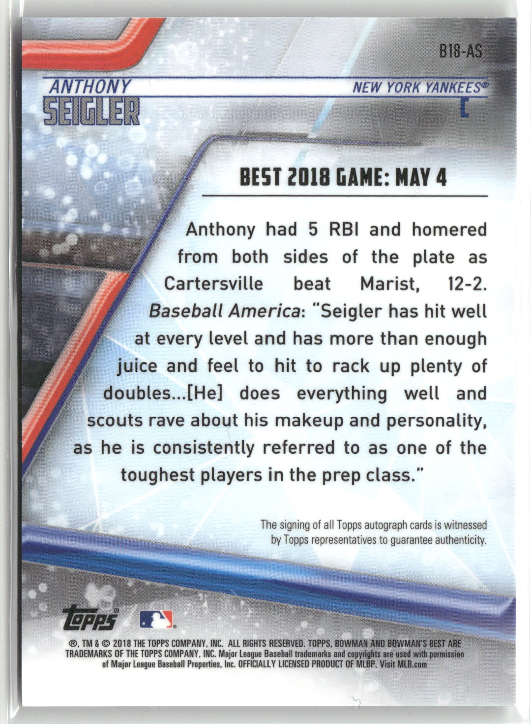 2018 Bowman's Best #B18-AS Anthony Seigler Best of 2018 Autographs-2