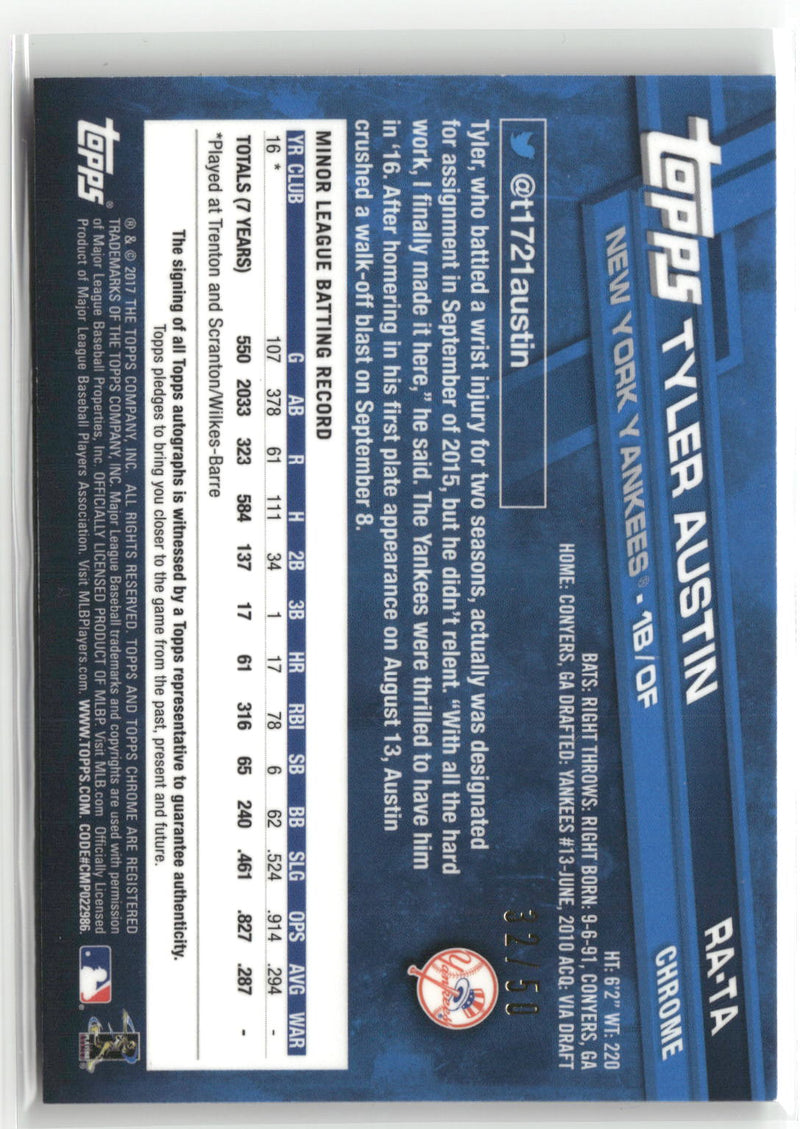 2017 Topps Chrome #RA-TA Tyler Austin Rookie Autographs Gold Refractor #/50-2