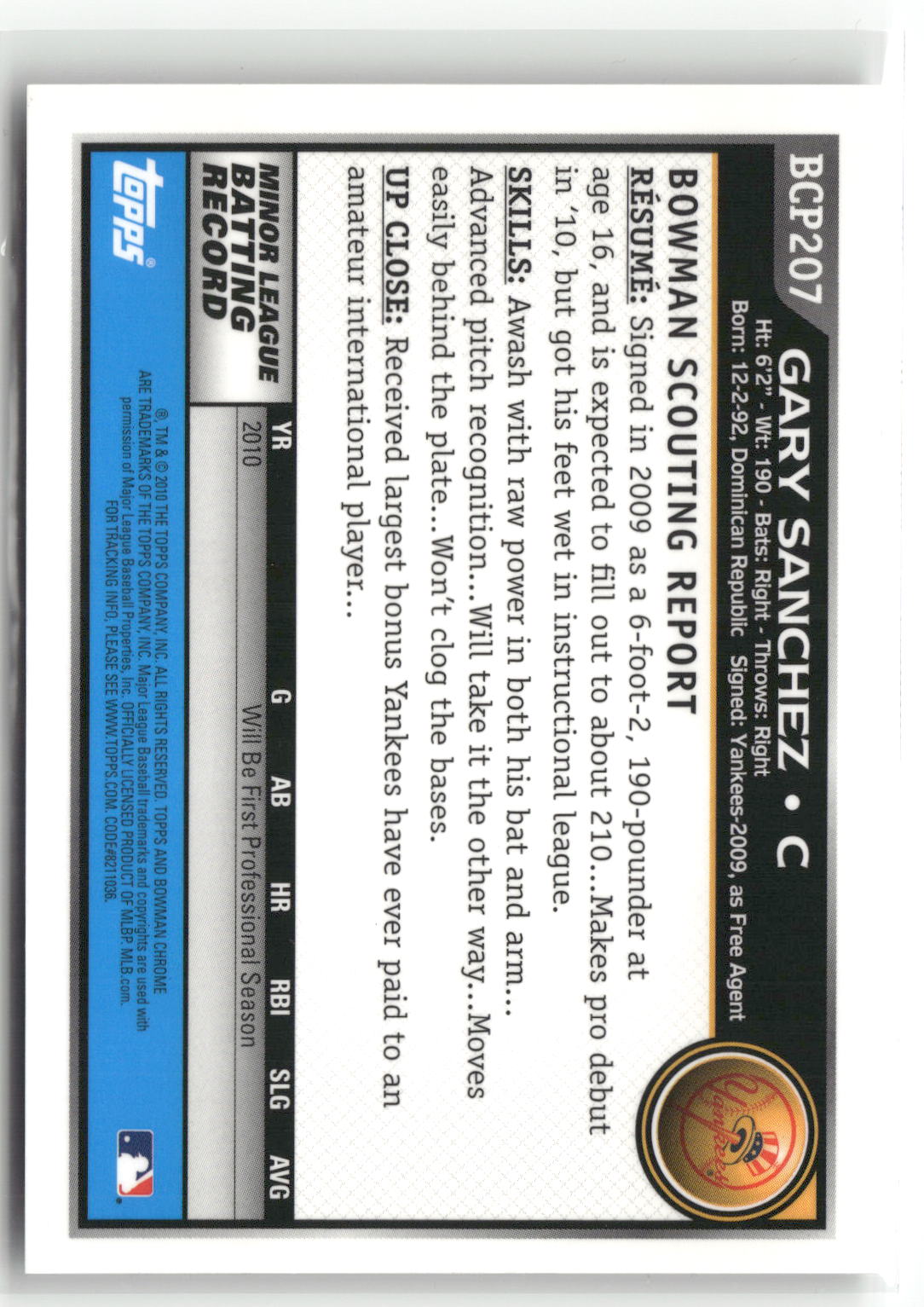 2010 Bowman Chrome #BCP207 Gary Sanchez Prospects Autographs-2