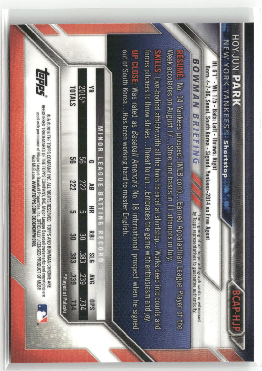 2016 Bowman Chrome #BCAP-HJP Hoy-Jun Park Prospects Autographs-2