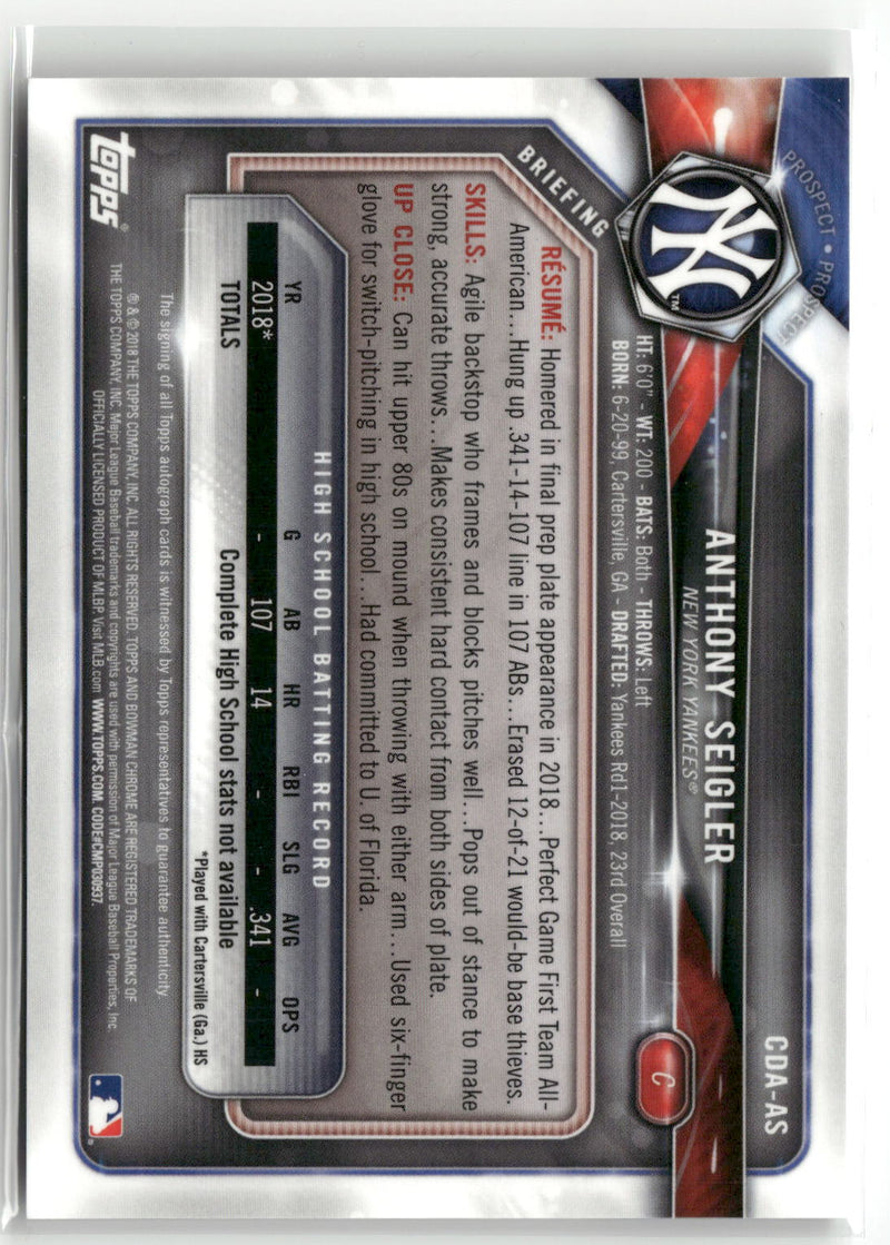 2018 Bowman Draft #CDA-AS Anthony Seigler Chrome Draft Pick Autographs-2