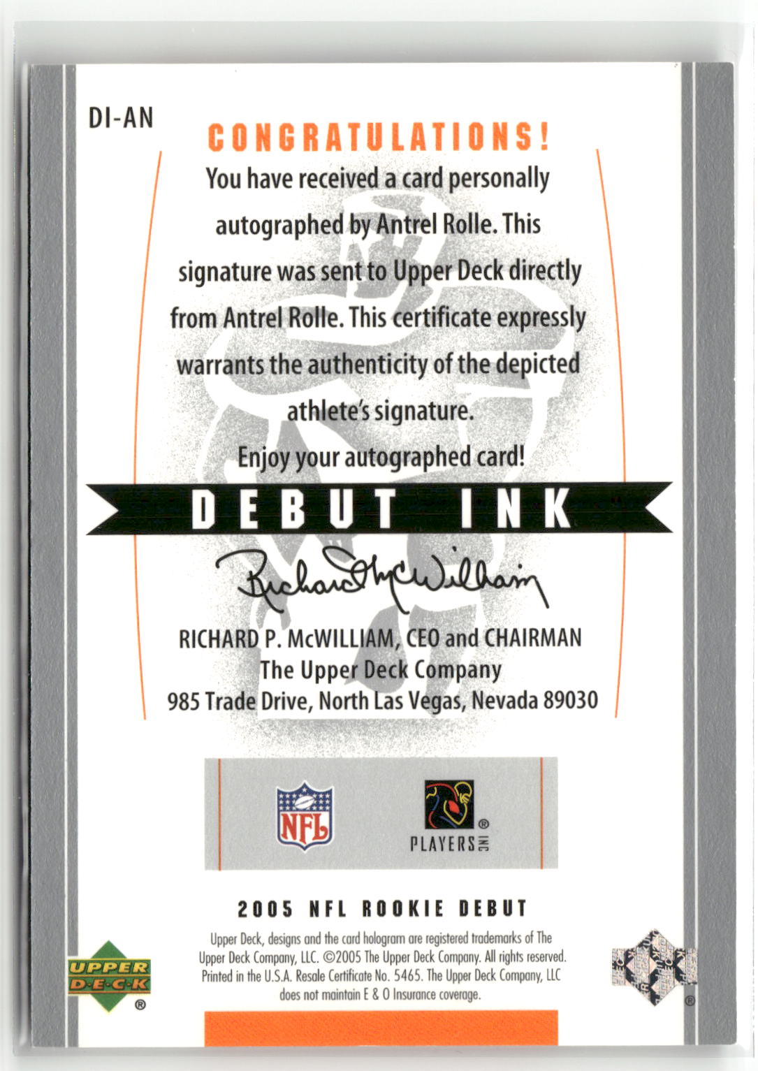 2005 Upper Deck Rookie Debut #DI-AN Antrel Rolle Debut Ink-2