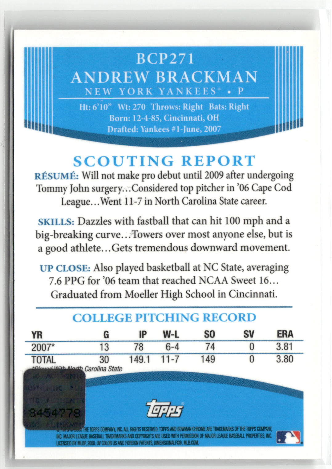 2008 Bowman Chrome #BCP271 Andrew Brackman Prospects-2