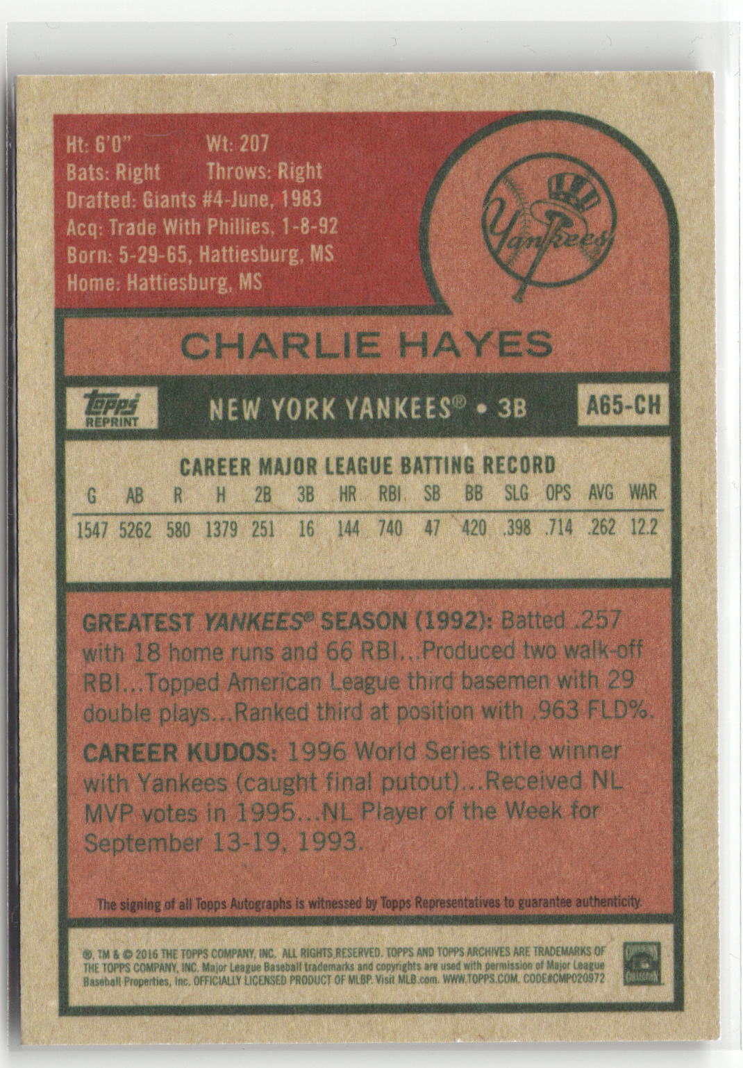 2016 Topps Archives 65th Anniversary Edition #A65-CH Charlie Hayes Autographs-2