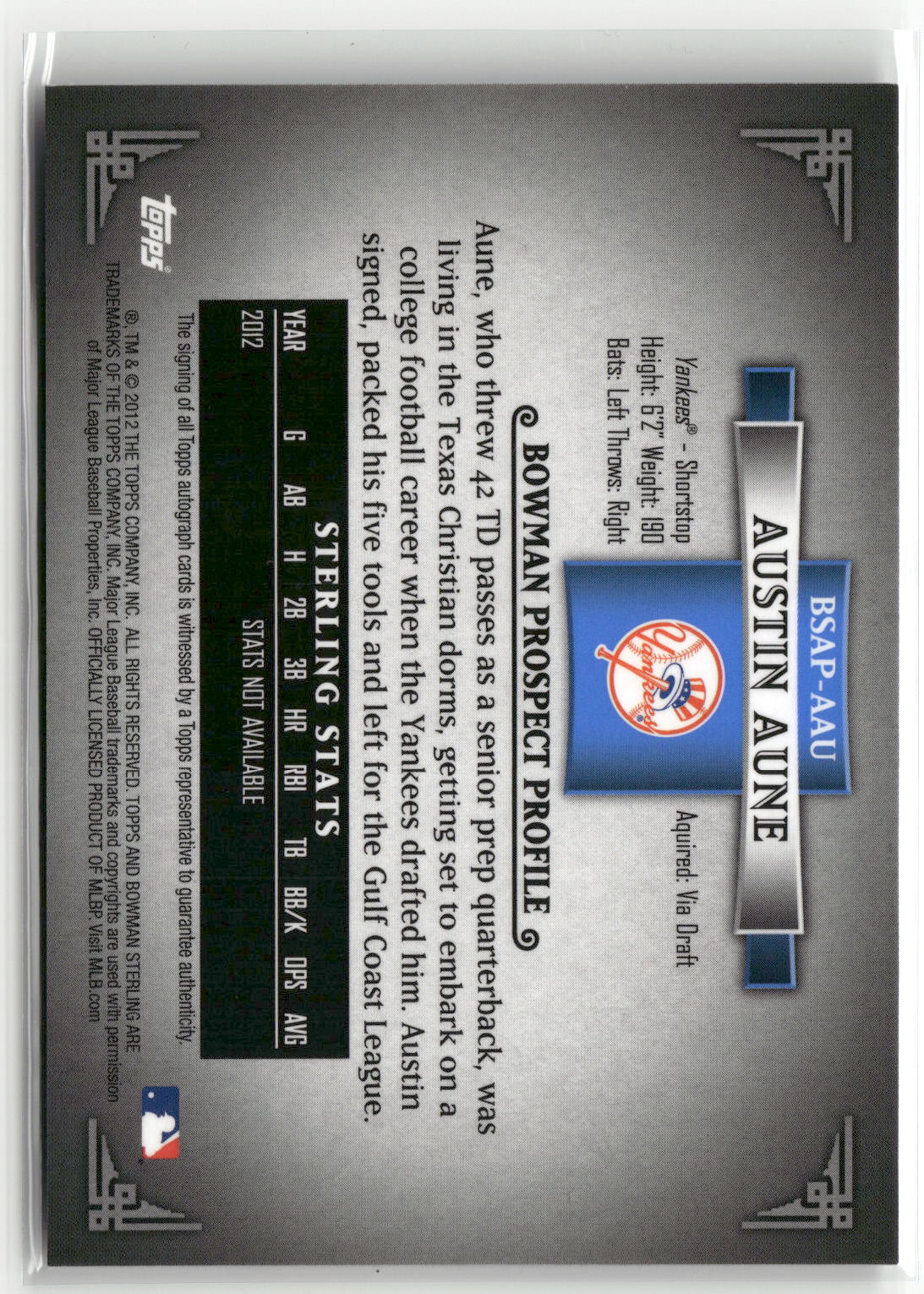2012 Bowman Sterling #BSAP-AAU Austin Aune Prospect Autographs-2