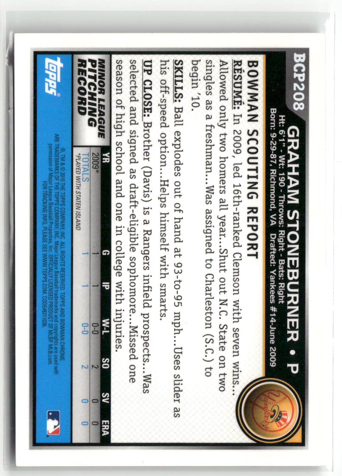 2010 Bowman Chrome #BCP208 Graham Stoneburner Prospects-2