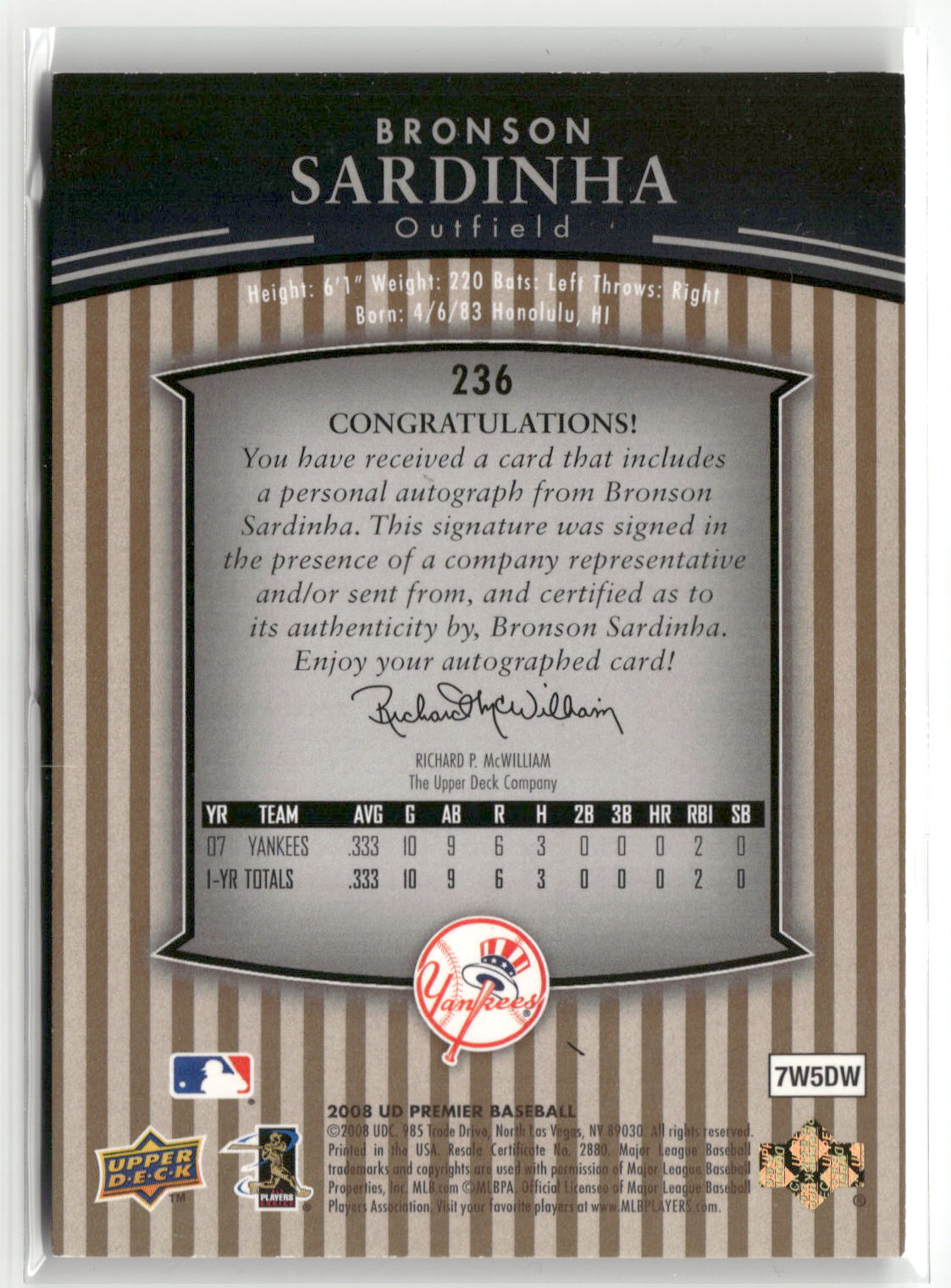 2008 Upper Deck Premier #236 Bronson Sardinha Gold #/50-2
