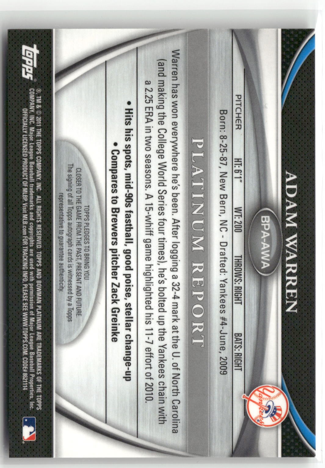 2011 Bowman Platinum #BPA-AWA Adam Warren Prospect Autograph Refractors-2