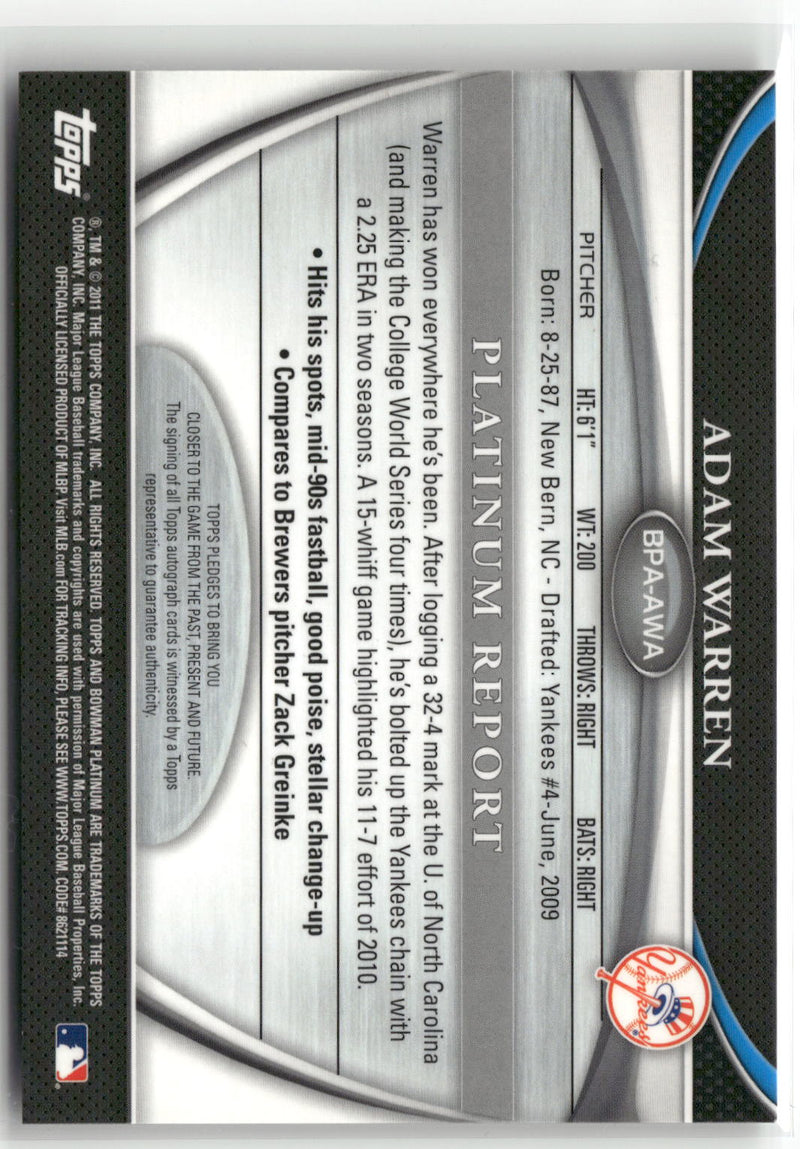 2011 Bowman Platinum #BPA-AWA Adam Warren Prospect Autograph Refractors-2