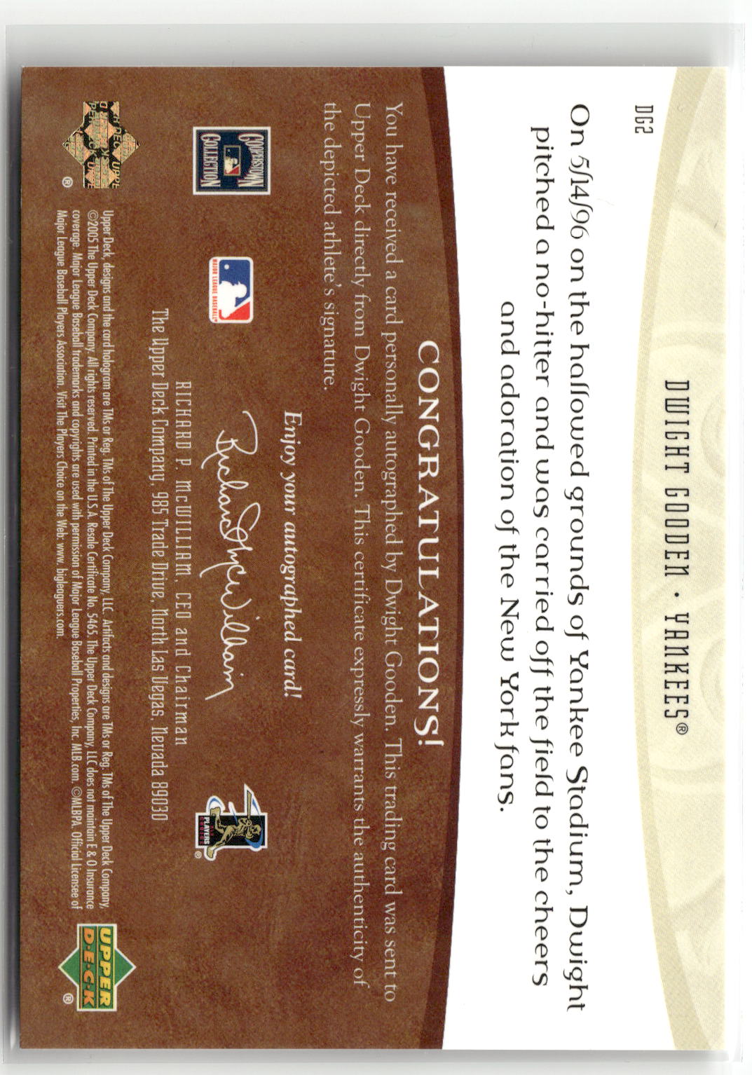 2005 Upper Deck Artifacts #DG1 Dwight Gooden Auto Facts #/350-2