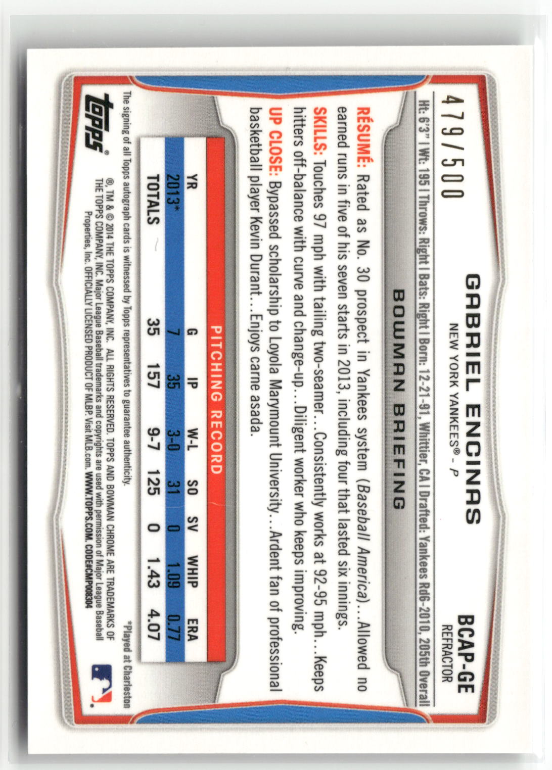 2014 Bowman #BCAP-GE Gabriel Encinas Chrome Prospect Autographs Refractors #/500-2